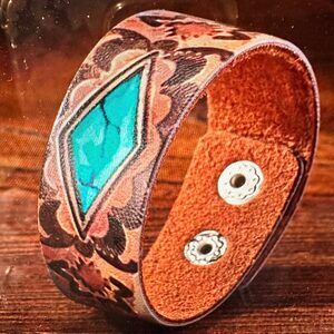 Boho Southwestern Cowgirl Leather Grain‎ Cuff Bracelet, Turquoise Leather, 20CM,